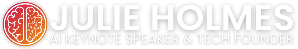 Julie Holmes logo featuring stylized brain icon with circuit design, labeled as AI Keynote Speaker & Tech Founder.