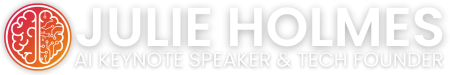 Julie Holmes logo featuring stylized brain icon with circuit design, labeled as AI Keynote Speaker & Tech Founder.